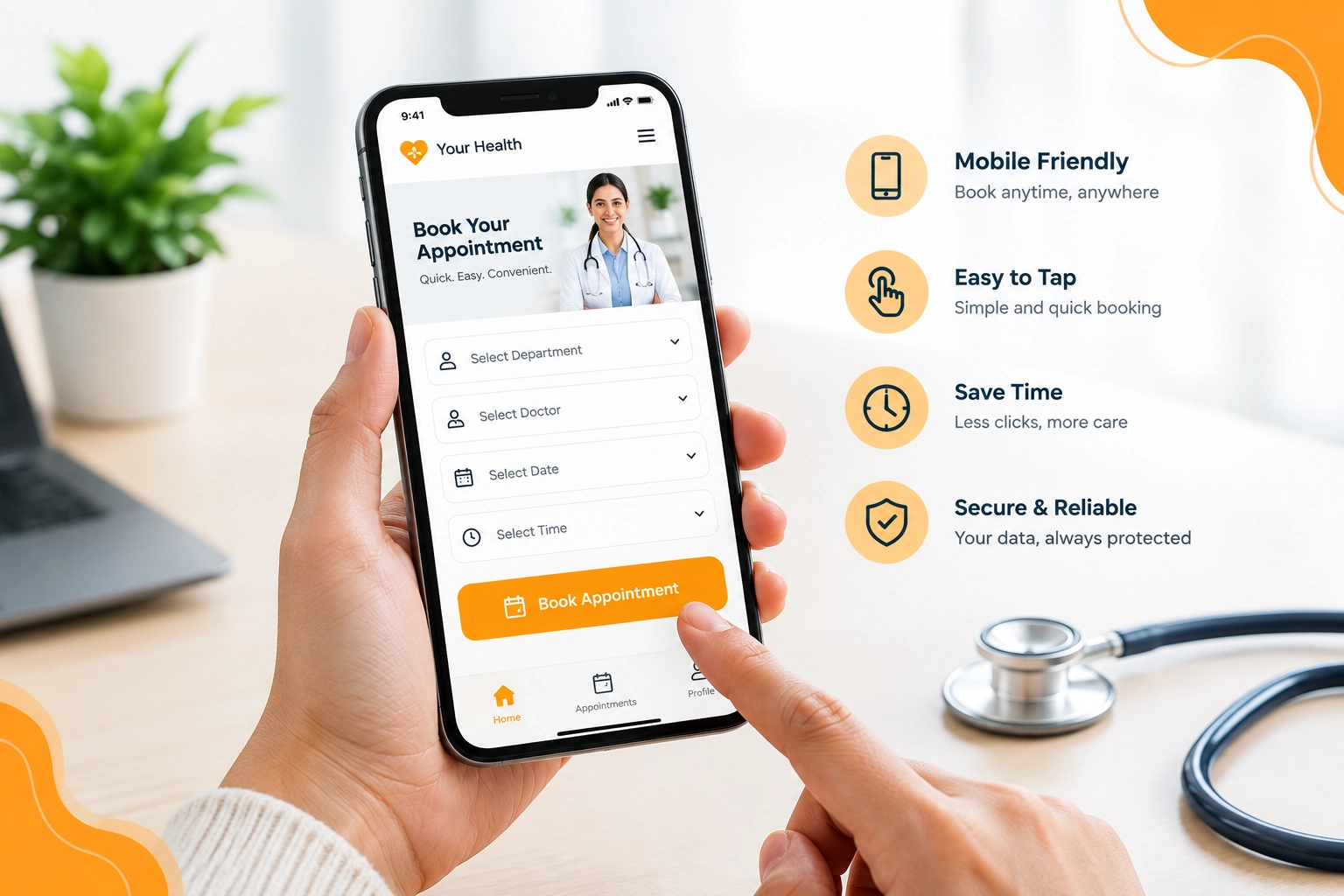 A mobile phone mockup showing a clean, easy-to-tap "Book Appointment" button and a simplified booking form, emphasizing mobile usability.